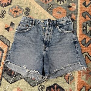 Zara Blue High-Waist Frayed Hem Jean Shorts